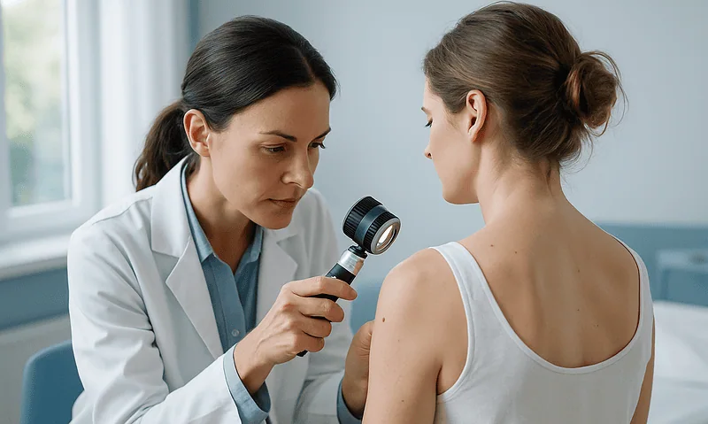 Doctor examining patient's skin with a dermatoscope in a clinical setting.