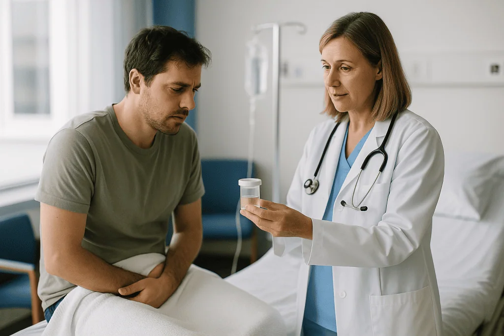 Doctor consulting with patient, holding medication bottle: What do doctors do to see if you have food poisoning?