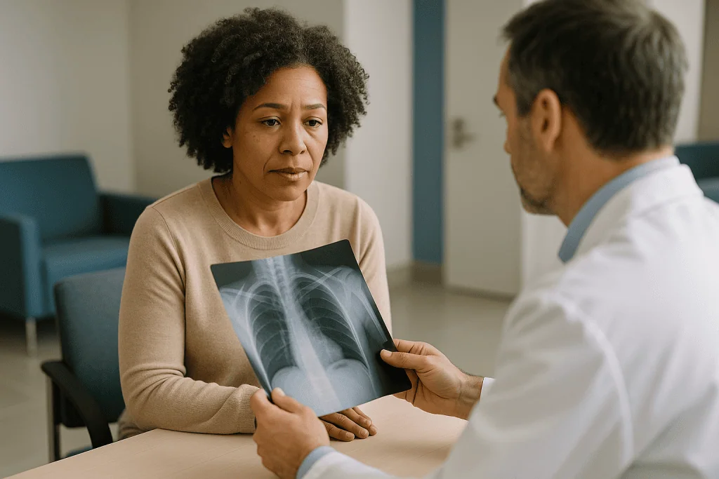 Doctor reviewing chest X-ray with female patient: What do doctors rule out before fibromyalgia?