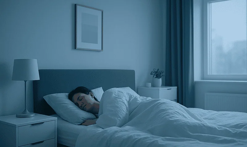 Young woman sleeping peacefully in a modern bedroom at night.
