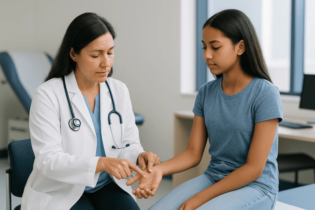 Doctor examining patient's hand and wrist: What do growth checks add, and what is the Risser sign in scoliosis?