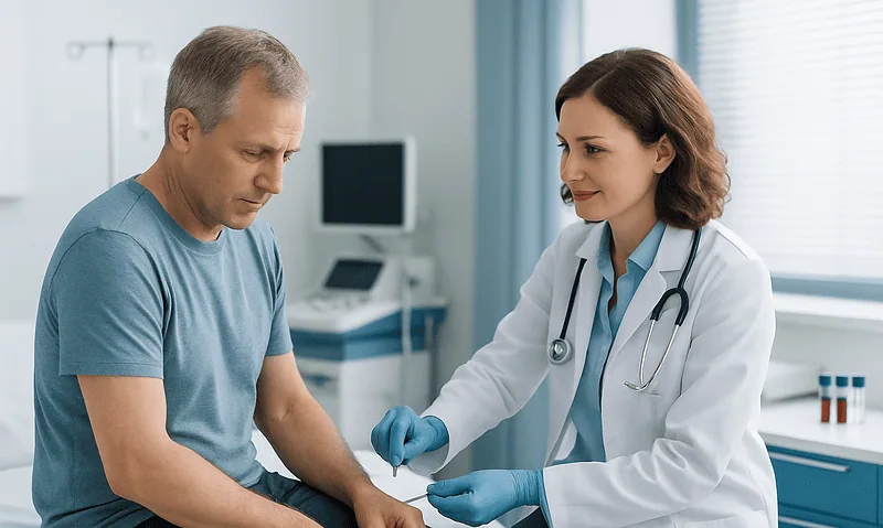 Doctor performing lumbar puncture on patient in hospital setting.