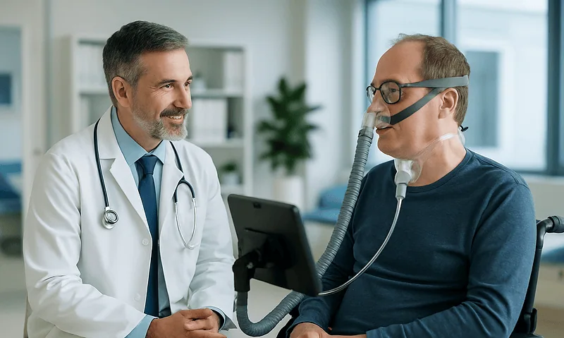 Doctor with ALS patient using non-invasive ventilation device in clinic.