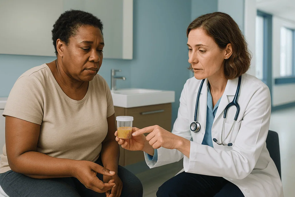 Doctor showing urine sample to patient in clinic: What do pale greasy stools actually look like?