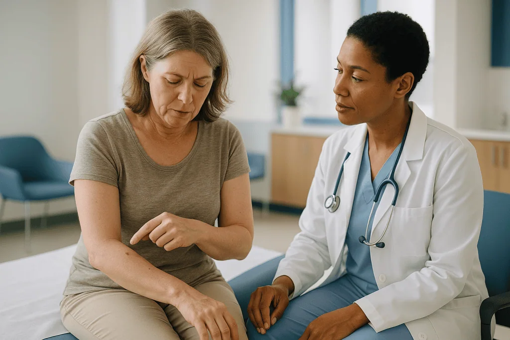 Doctor examining patient's arm during medical consultation: What Do Papules on Skin Look and Feel Like?