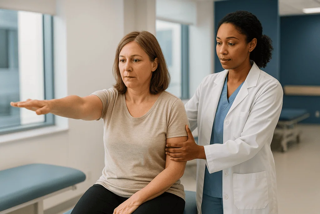Doctor guiding patient through arm extension exercise: What do prescribed FND physiotherapy exercises actually involve?