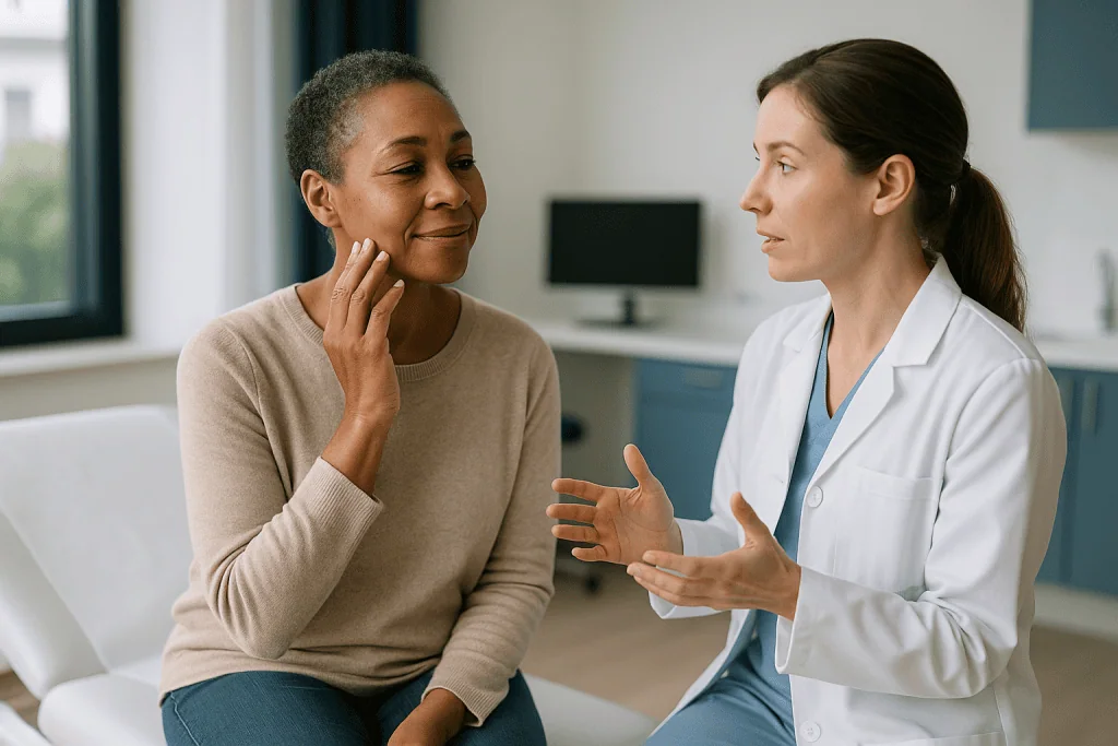 Female doctor consulting with middle-aged patient in clinic — What do Sculptra results look like over months?