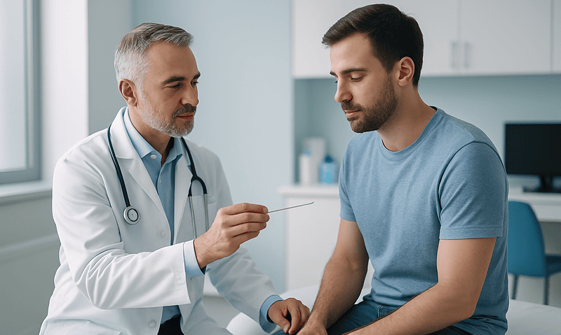 Urologist explaining test procedures to a patient in a clinic setting.