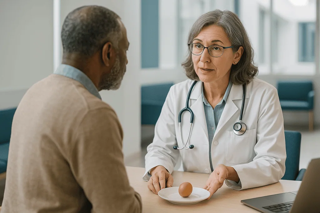 Doctor consulting patient at desk with egg on plate: What do the big studies really show?