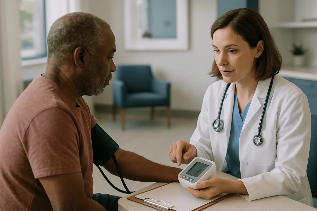 Doctor measuring patient blood pressure in clinical consultation — What do the blood pressure numbers mean?