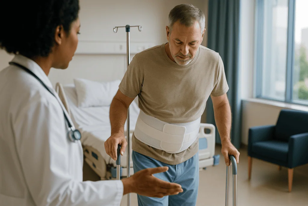 Older male patient with back brace walking with doctor: What do the first 72 hours of artificial disc replacement recovery l