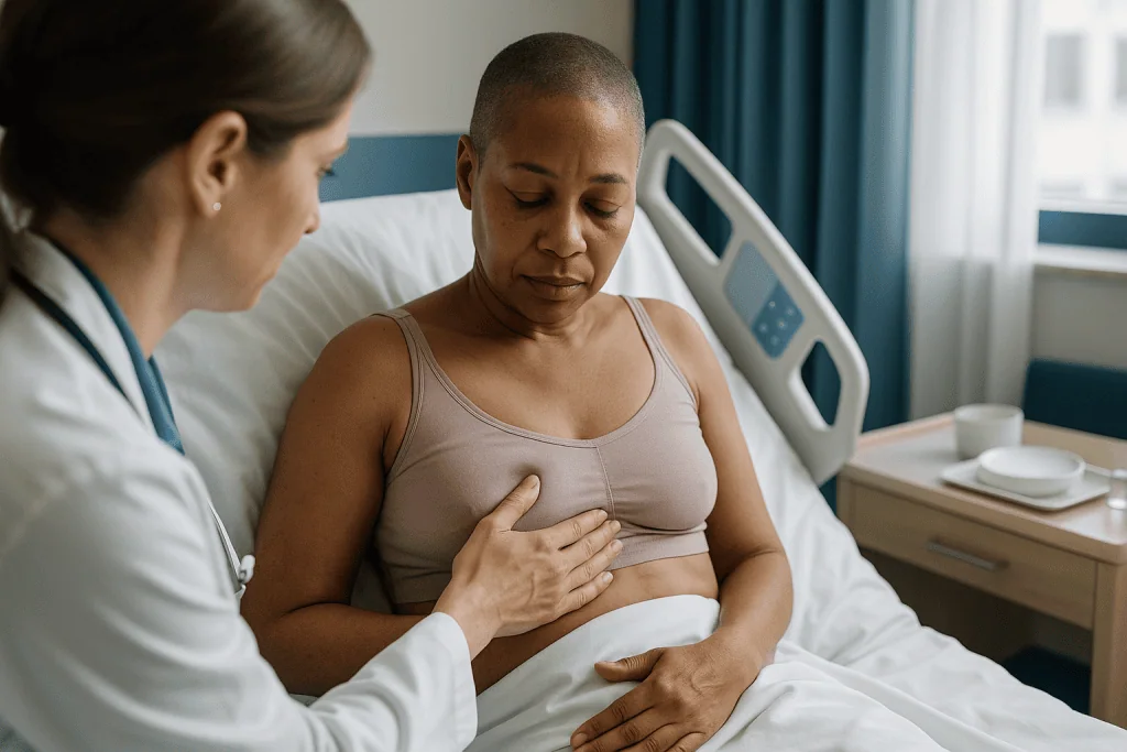 Doctor examining patient's chest and abdomen in hospital bed: What do the first days of pain after mastectomy actually feel 