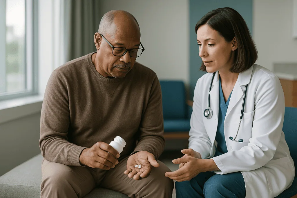 Doctor consulting with male patient about medication: What do the first weeks and months on BPH medicines usually look like?