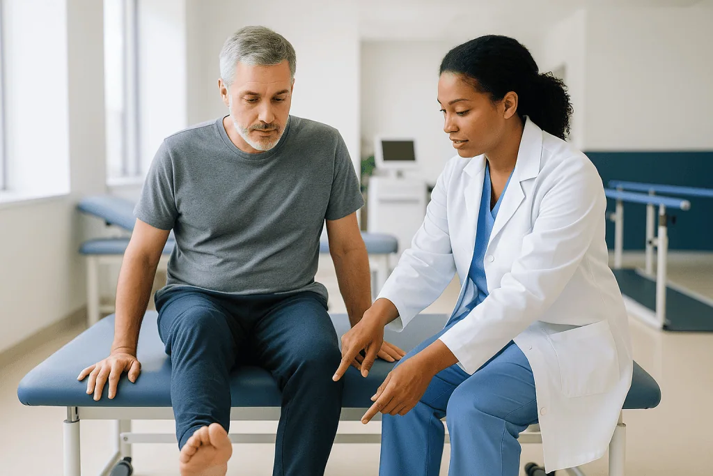 Doctor examining patient's leg during clinical consultation: What do they do in neuro rehab? A plain-language walkthrough