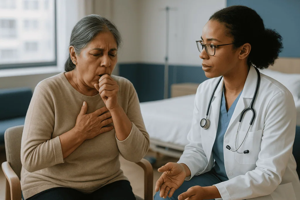 Doctor consulting with older patient about respiratory symptoms: What does a bronchiectasis flare up feel like? Bronchiectas