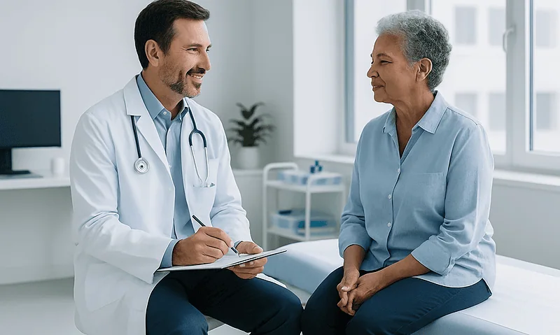 Doctor consulting with an elderly female patient in a modern clinic.