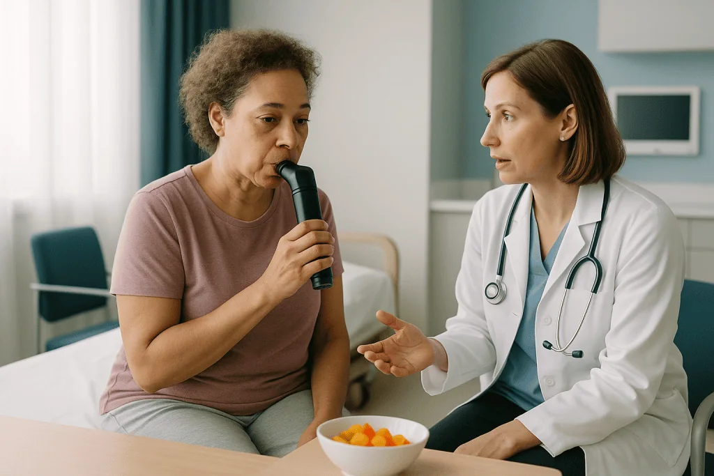 Doctor consulting with adult patient holding microphone: What does a cystic fibrosis daily treatment routine look like, morn