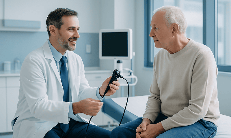 Urologist explaining cystoscopy results to an elderly male patient in a clinic.