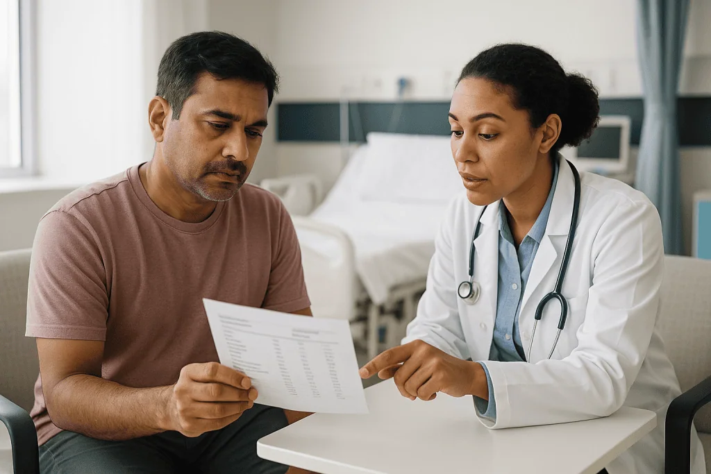 Doctor reviewing medical test results with male patient: What does a dengue platelet count tell doctors, and what does it no