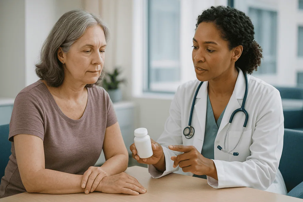 Doctor consulting patient about medication in clinical setting — What does a DHEA supplement do for you, and what does DHEA d