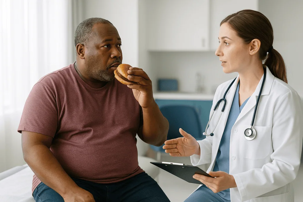 Doctor consultation with patient holding food, What does a high BUN mean, and what usually causes it?