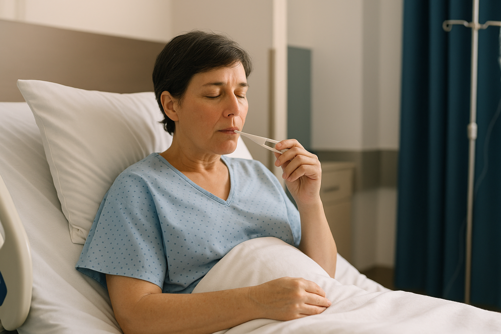 Middle-aged woman in hospital gown checking fever with thermometer: What does a low-grade temperature in the first 48 hours 