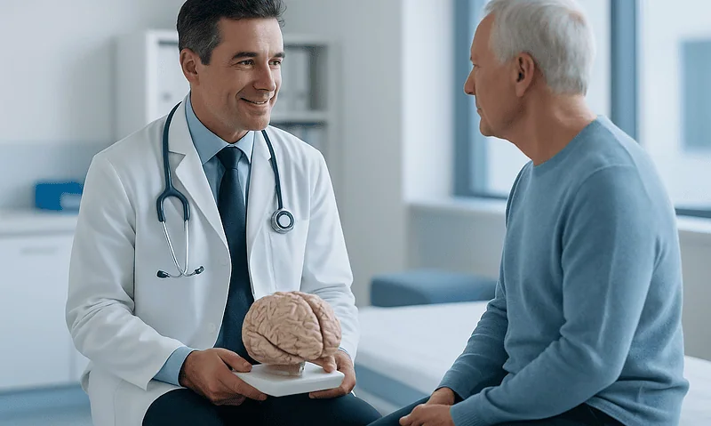 Neurosurgeon consulting with elderly patient in hospital room.