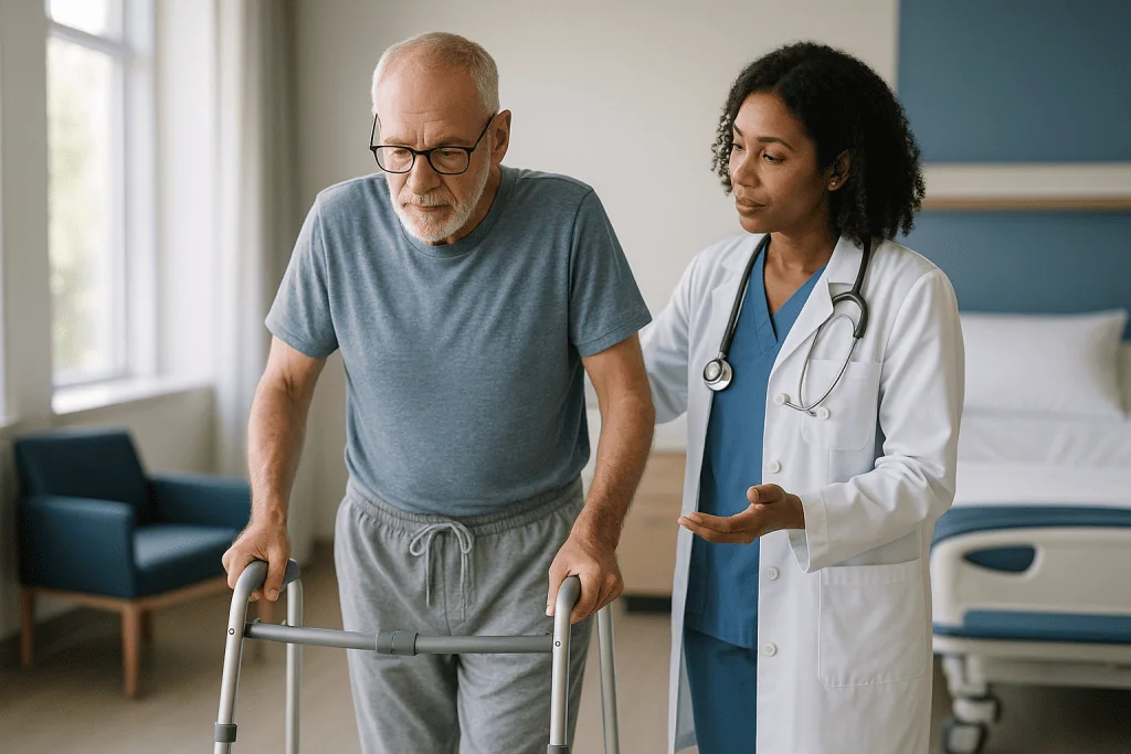 Elderly patient with walker consulting female physician indoors: What does a normal robotic prostatectomy recovery timeline 