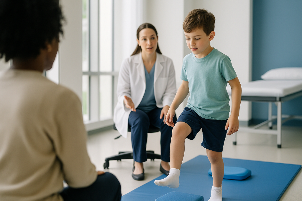 Child performing balance exercise on mat with therapist observing: What does a pediatric physical therapist actually work on