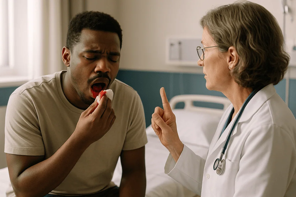 Doctor consulting with male patient about bleeding symptom — What does a post-tonsillectomy hemorrhage look like?