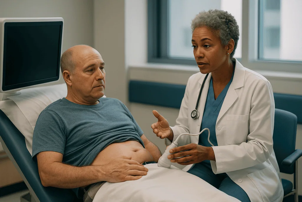 Doctor consulting patient about abdominal ultrasound findings: What does a renal ultrasound show, and what can it not see?