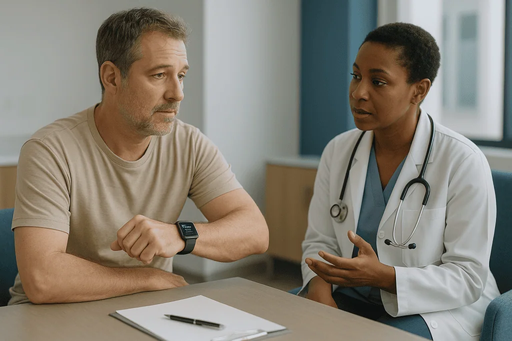 Doctor consulting with male patient at desk: What does a sleep apnea notification mean, and what does it not mean?