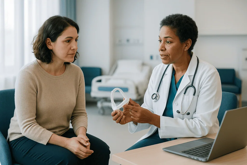 Doctor consulting patient with face mask in clinic: What does a sleep specialist do? What actually happens at the consultati
