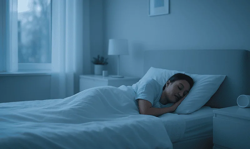 Young woman sleeping peacefully in a modern bedroom at night.