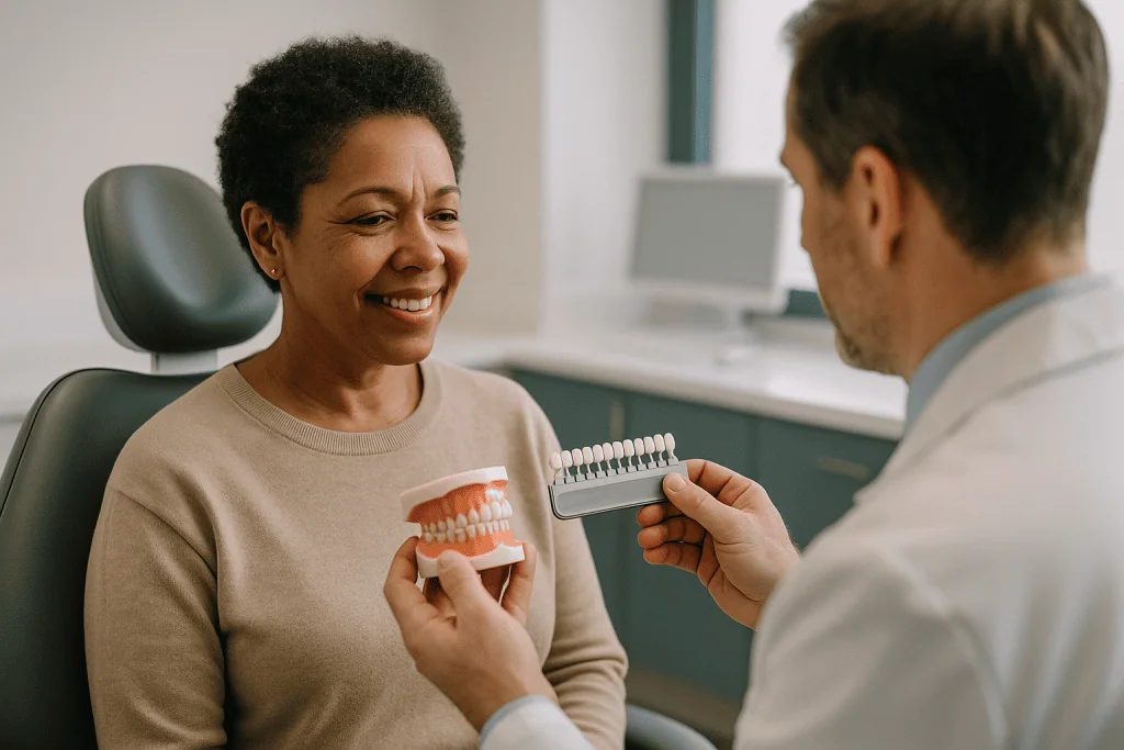 Dentist showing patient tooth shade guide model: What does a smile makeover include?