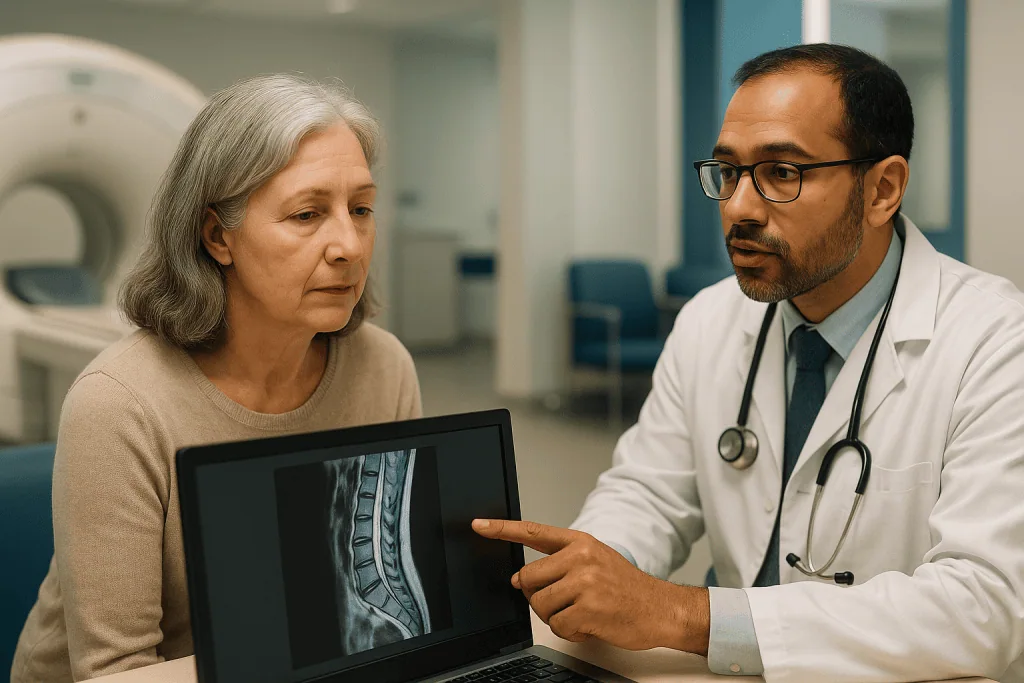 Doctor reviewing spinal MRI scan with older female patient: What does a spinal MRI show, and what does it miss?