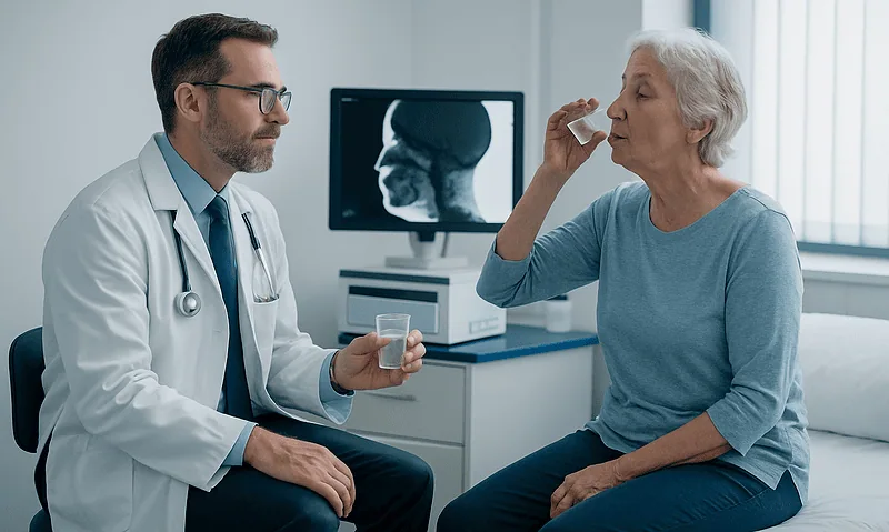 Doctor explains swallowing test to elderly woman in clinic.