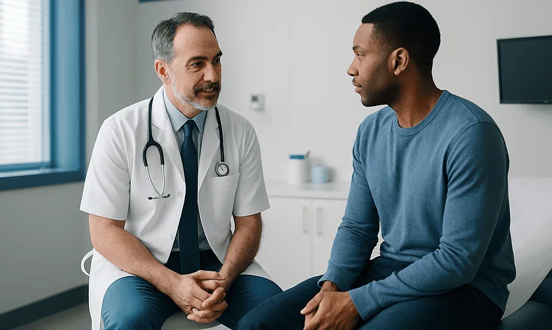 Doctor consulting with a patient in a hospital room.