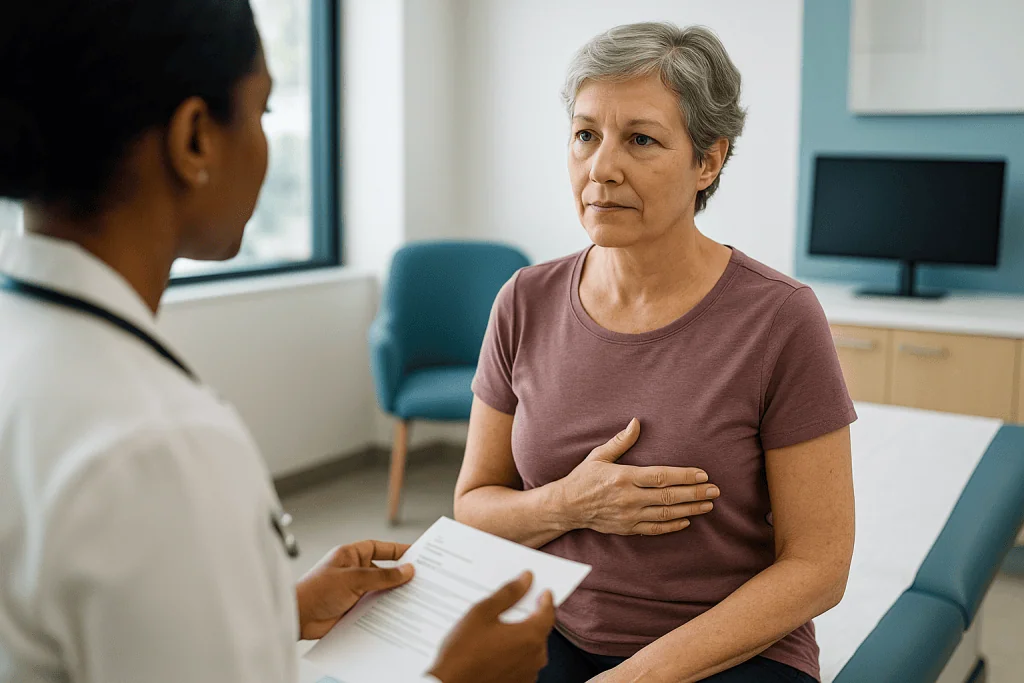 Doctor consulting with middle-aged woman in clinical setting: What does a typical breast cancer follow up schedule look like
