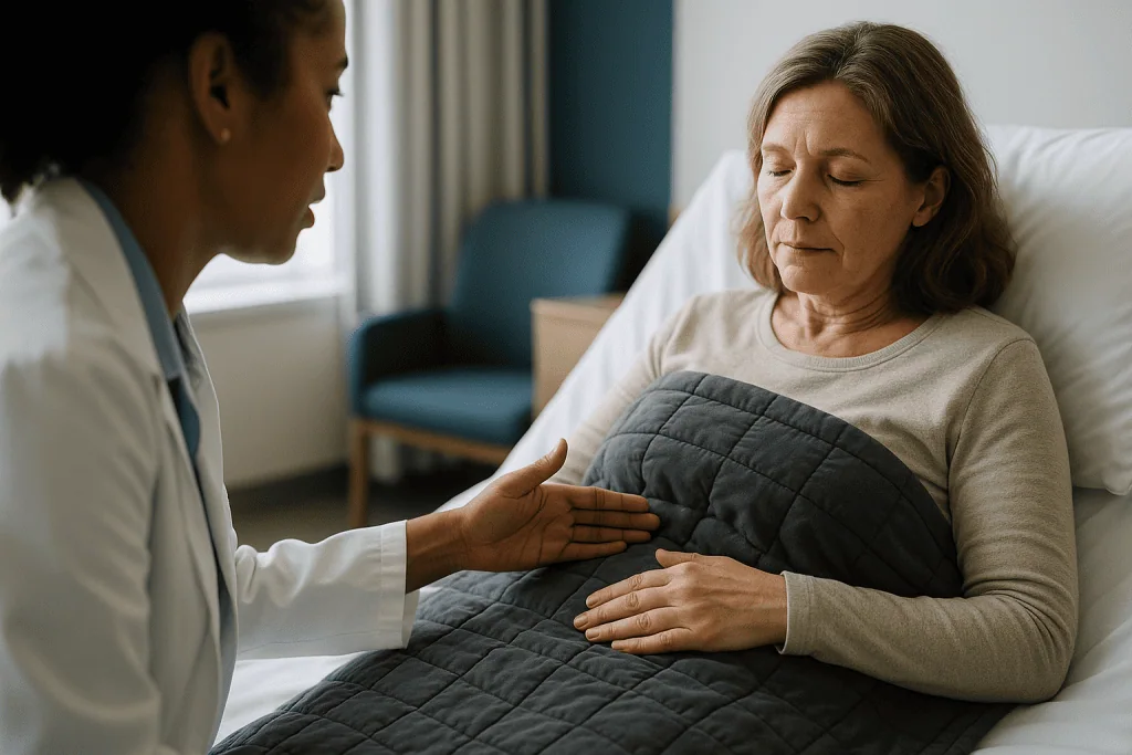 Healthcare provider consulting patient in hospital bed: What does a weighted blanket actually do to the body?