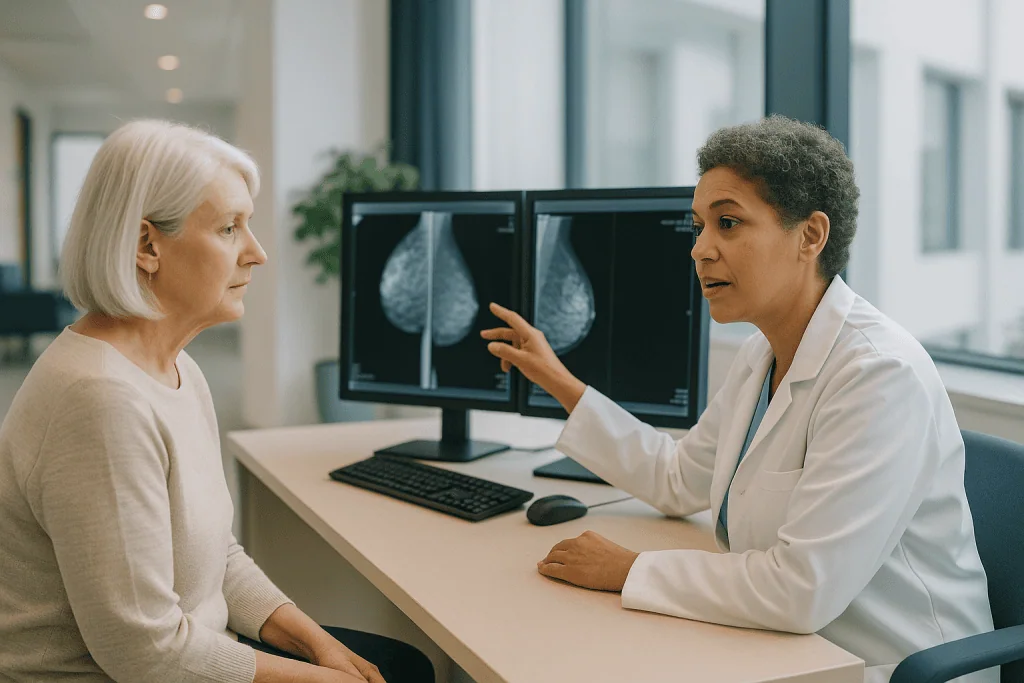 Female radiologist discussing mammogram images with patient: What does AI in radiology actually mean?