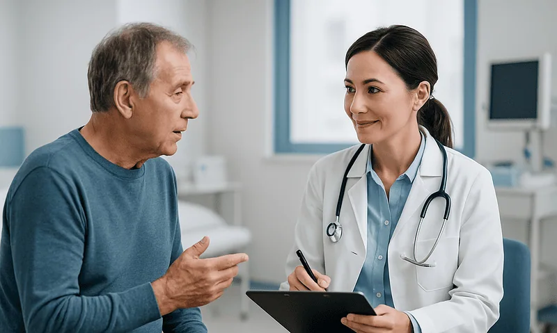 Doctor consulting with elderly patient in a medical office.