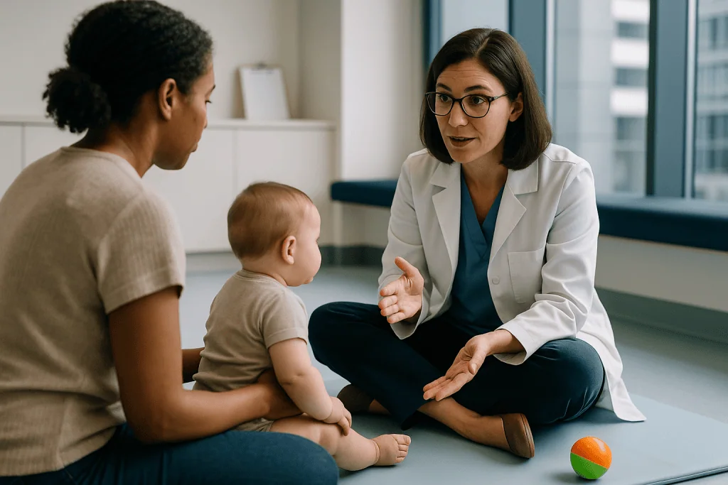 Healthcare provider conducting floor play therapy with infant and parent: What does an early intervention therapist do?