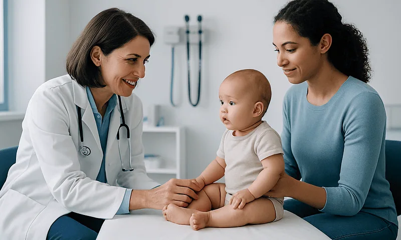 Pediatrician with mother and baby during an early intervention therapy session.