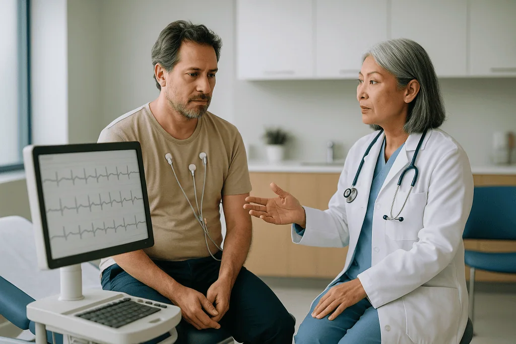 Doctor reviewing ECG results with male cardiac patient: What does an ECG show? Pericarditis ECG findings and myocarditis clu