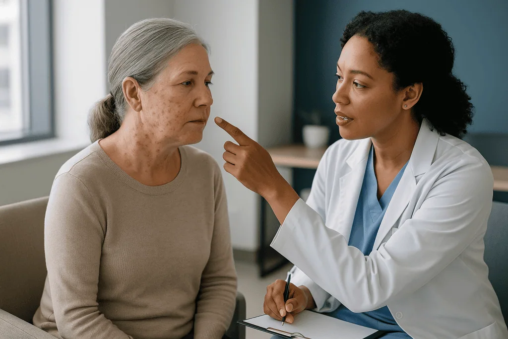 Doctor consulting with older patient in office setting: What does an EGFR inhibitor rash look like?