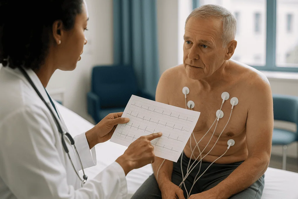 Doctor reviewing EKG results with shirtless male patient: What does an EKG actually measure?
