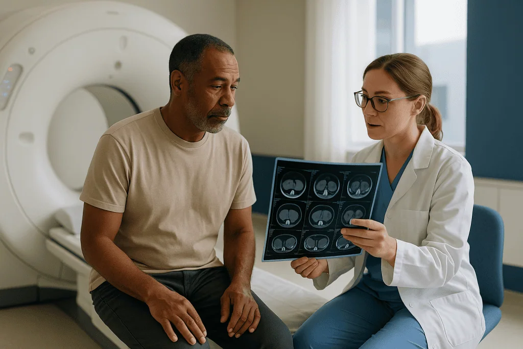 Doctor reviewing brain MRI scans with male patient: What does an MRI of the bladder reveal that CT cannot?
