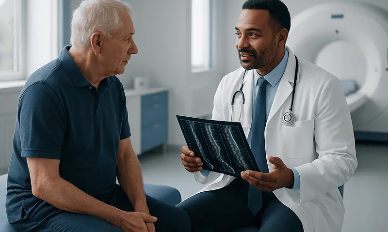 What Does an MRI Show in Spinal Cord Disorders, and Which Other Tests Follow? 4 Doctor explaining MRI results to an elderly patient in a hospital.