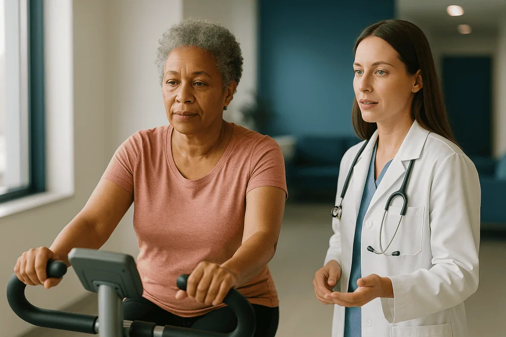 Doctor consulting patient on stationary exercise bike: What does an NMN supplement do in the body?